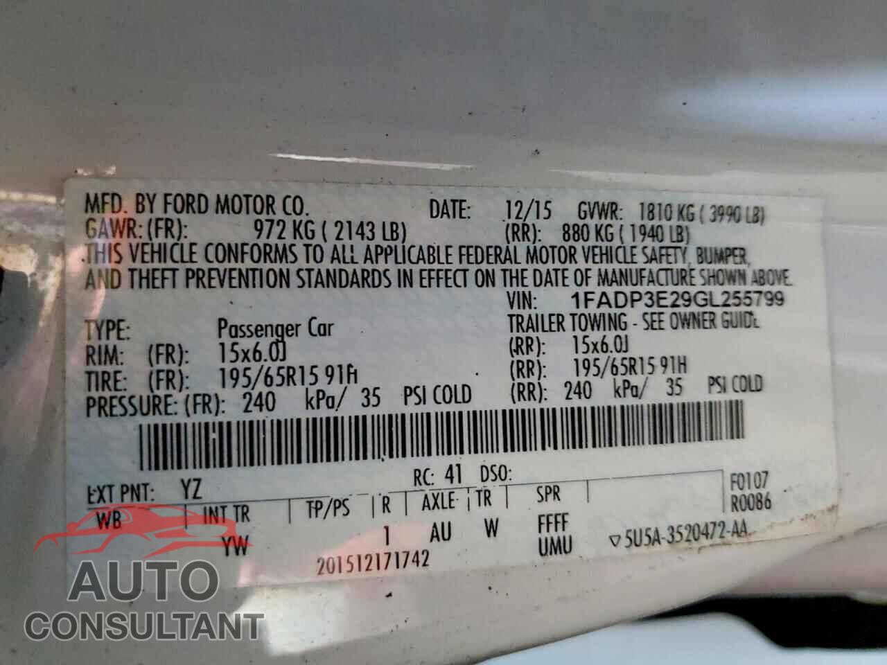 FORD FOCUS 2016 - 1FADP3E29GL255799