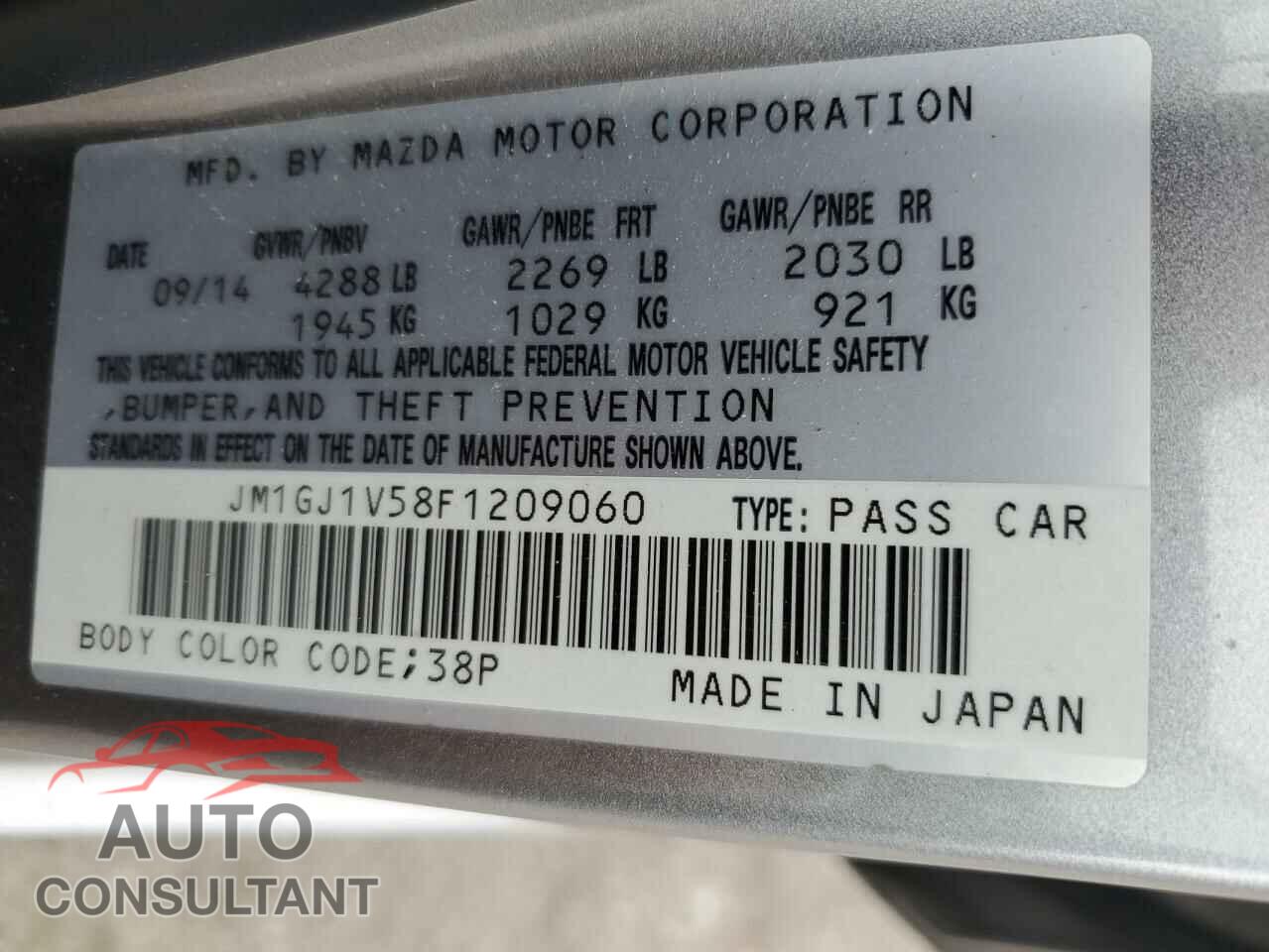 MAZDA 6 2015 - JM1GJ1V58F1209060