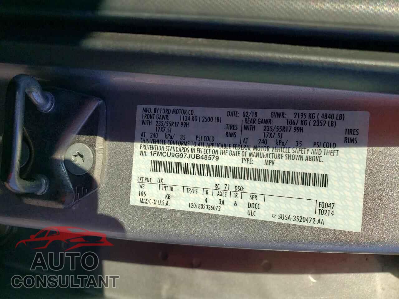 FORD ESCAPE 2018 - 1FMCU9G97JUB48579