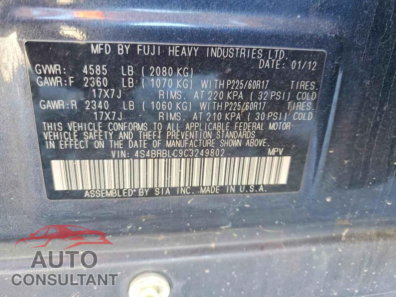 SUBARU OUTBACK 2012 - 4S4BRBLC9C3249802