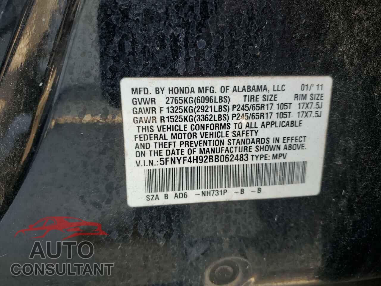 HONDA PILOT 2011 - 5FNYF4H92BB062483