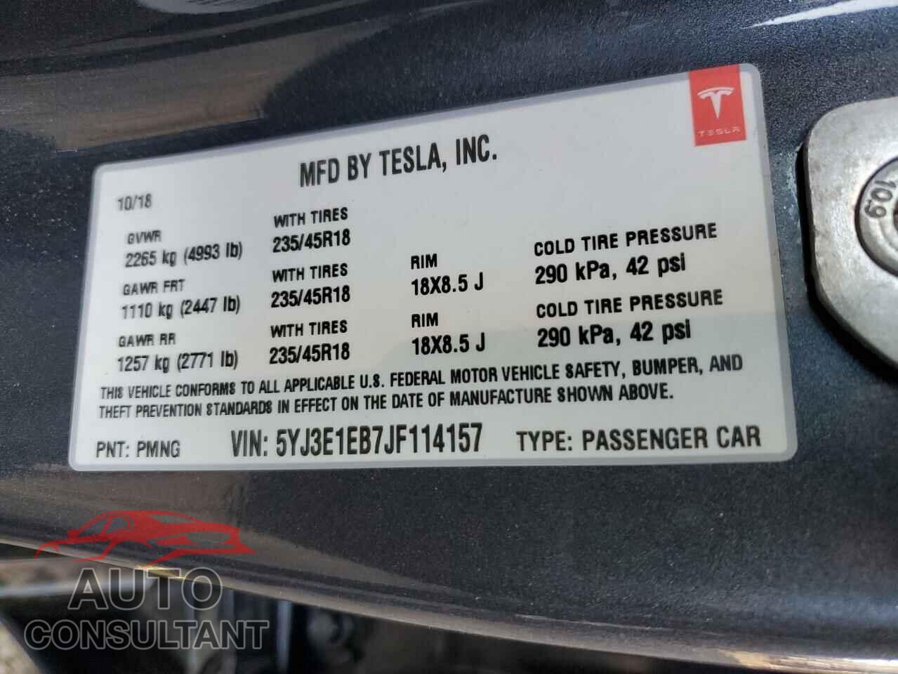 TESLA MODEL 3 2018 - 5YJ3E1EB7JF114157