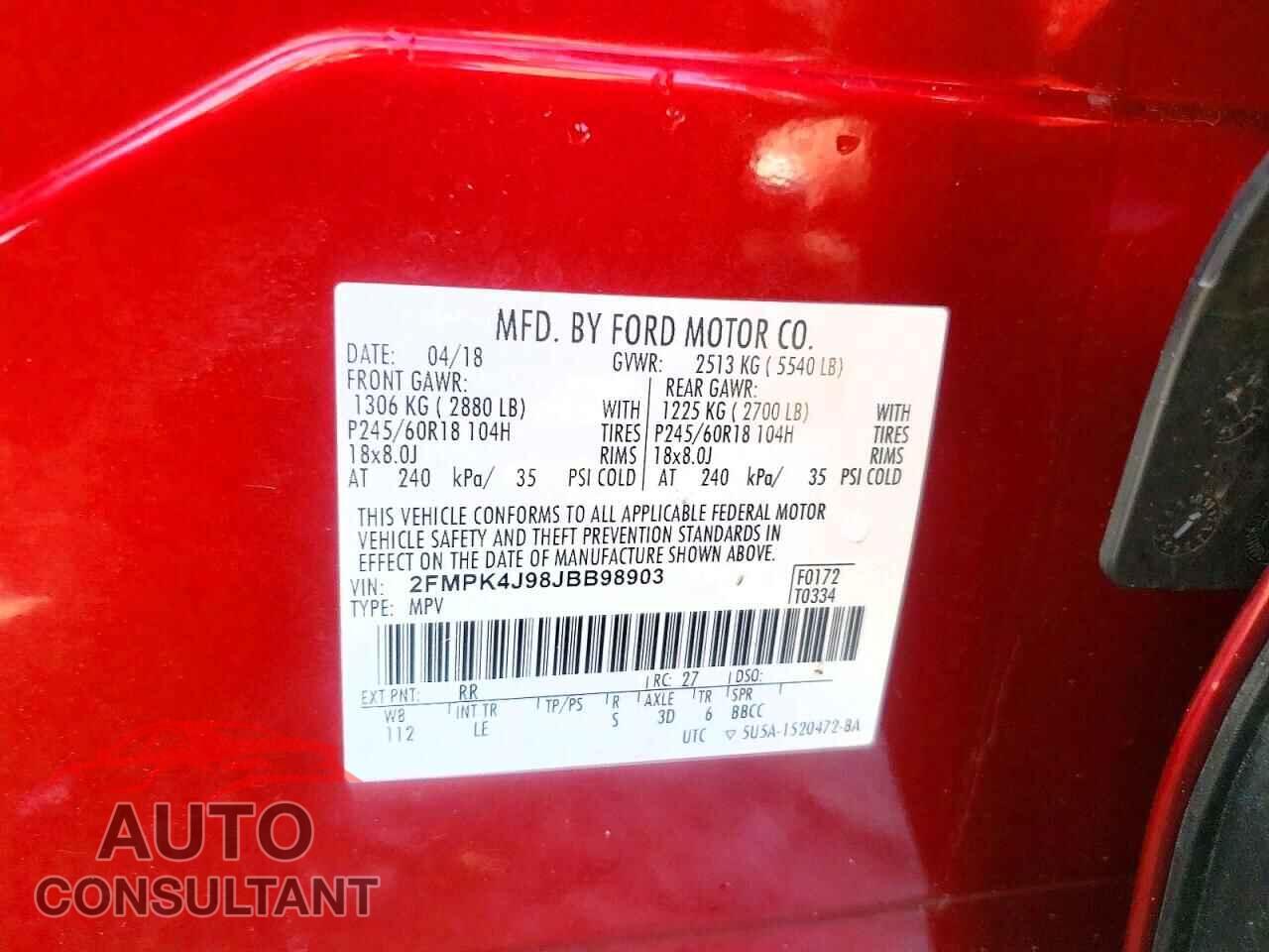 FORD EDGE 2018 - 2FMPK4J98JBB98903