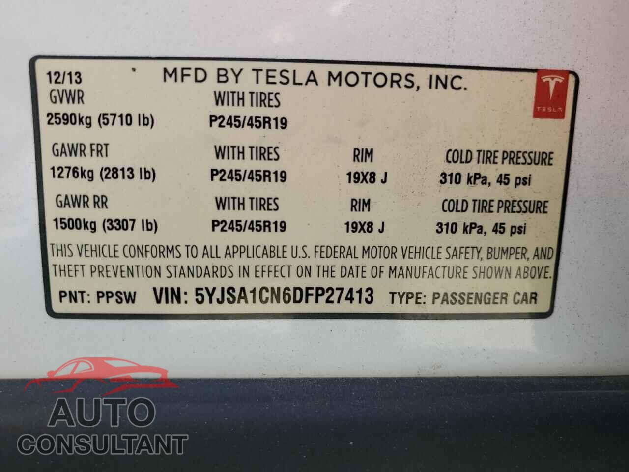 TESLA MODEL S 2013 - 5YJSA1CN6DFP27413