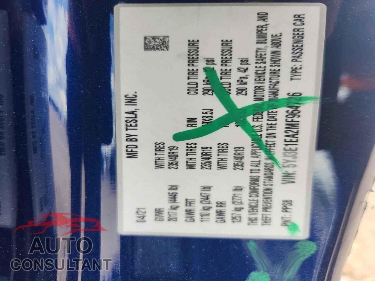 TESLA MODEL 3 2021 - 5YJ3E1EA2MF964726