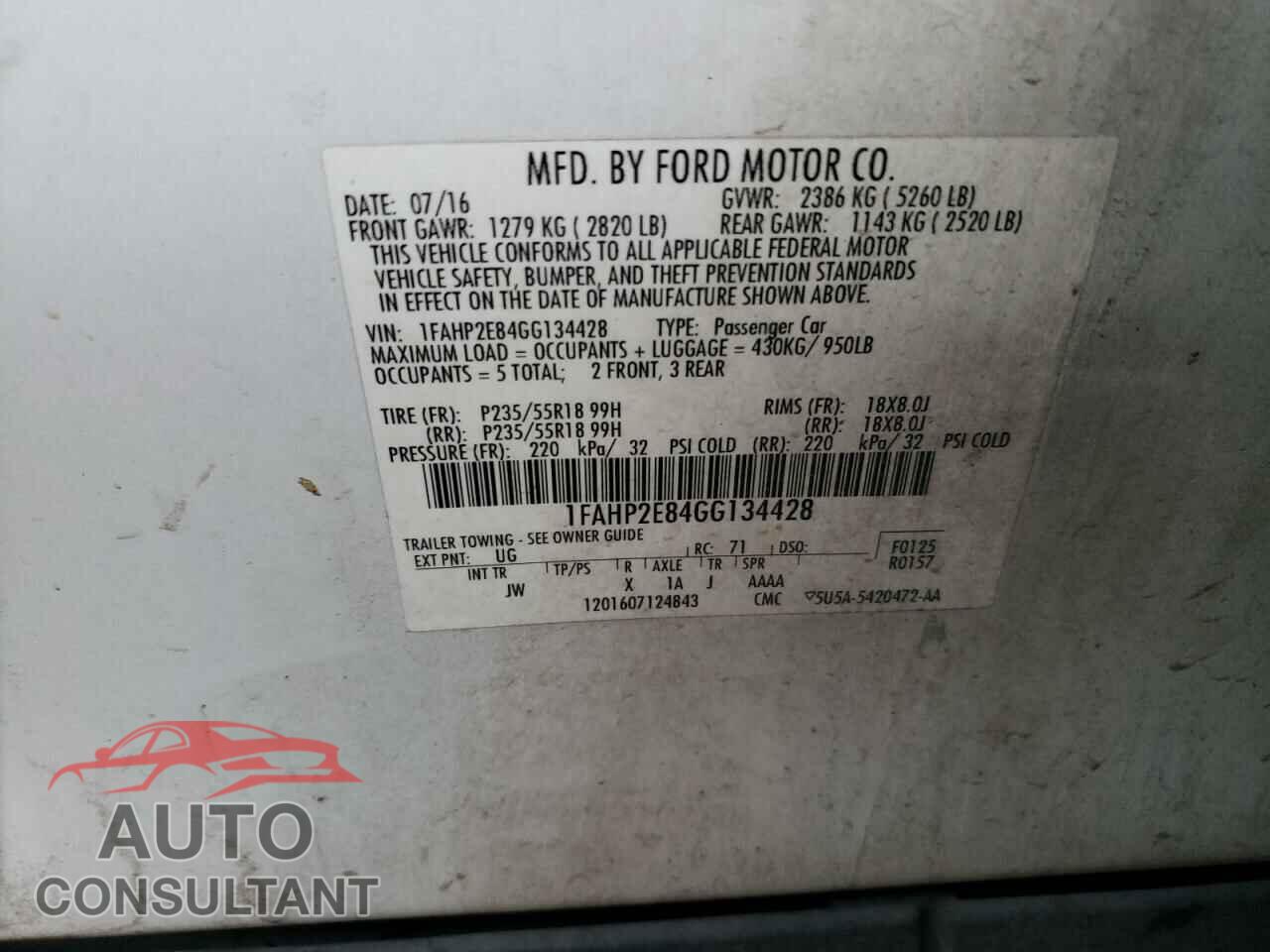 FORD TAURUS 2016 - 1FAHP2E84GG134428