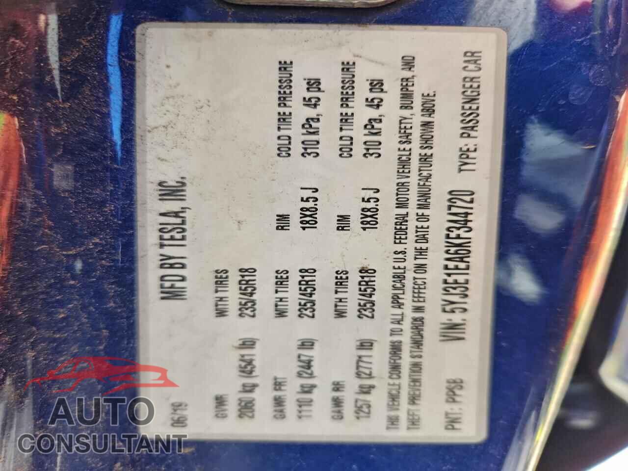 TESLA MODEL 3 2019 - 5YJ3E1EA6KF344720