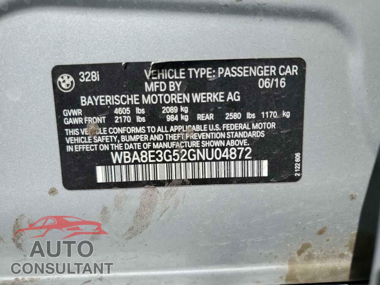 BMW 3 SERIES 2016 - WBA8E3G52GNU04872