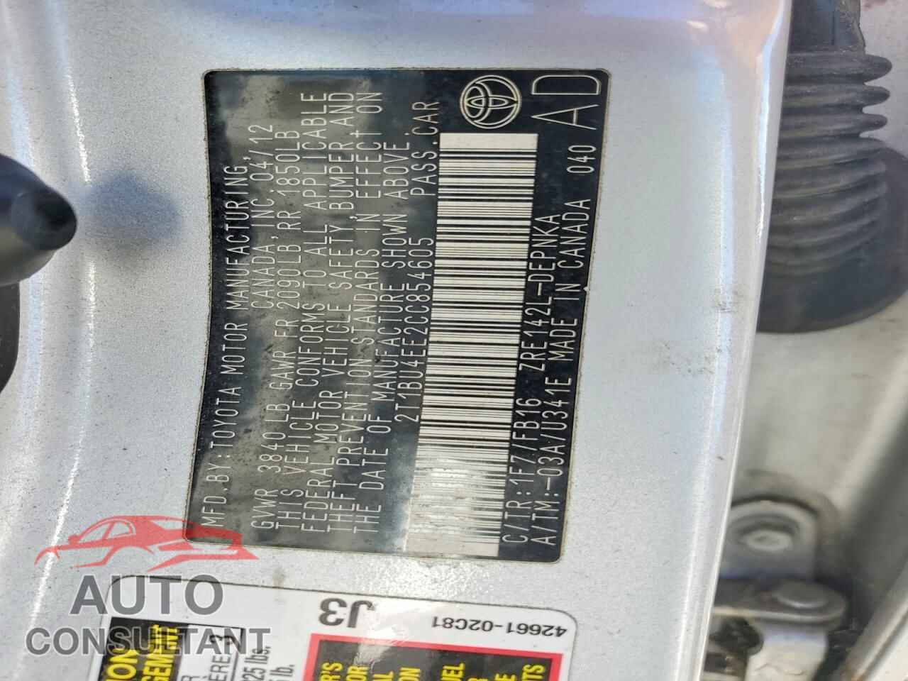 TOYOTA COROLLA 2012 - 2T1BU4EE2CC854605