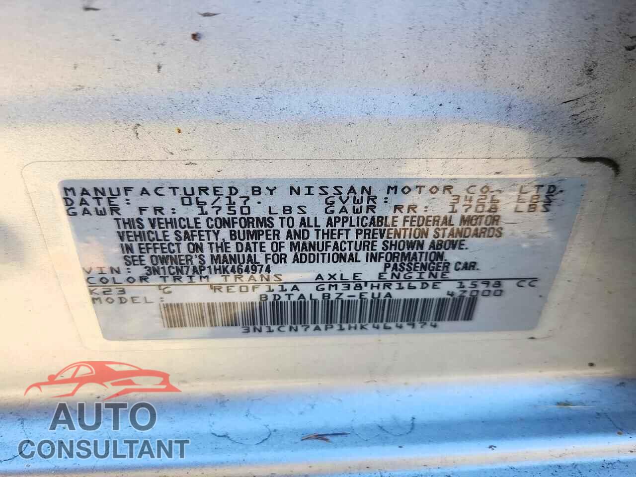 NISSAN VERSA 2017 - 3N1CN7AP1HK464974