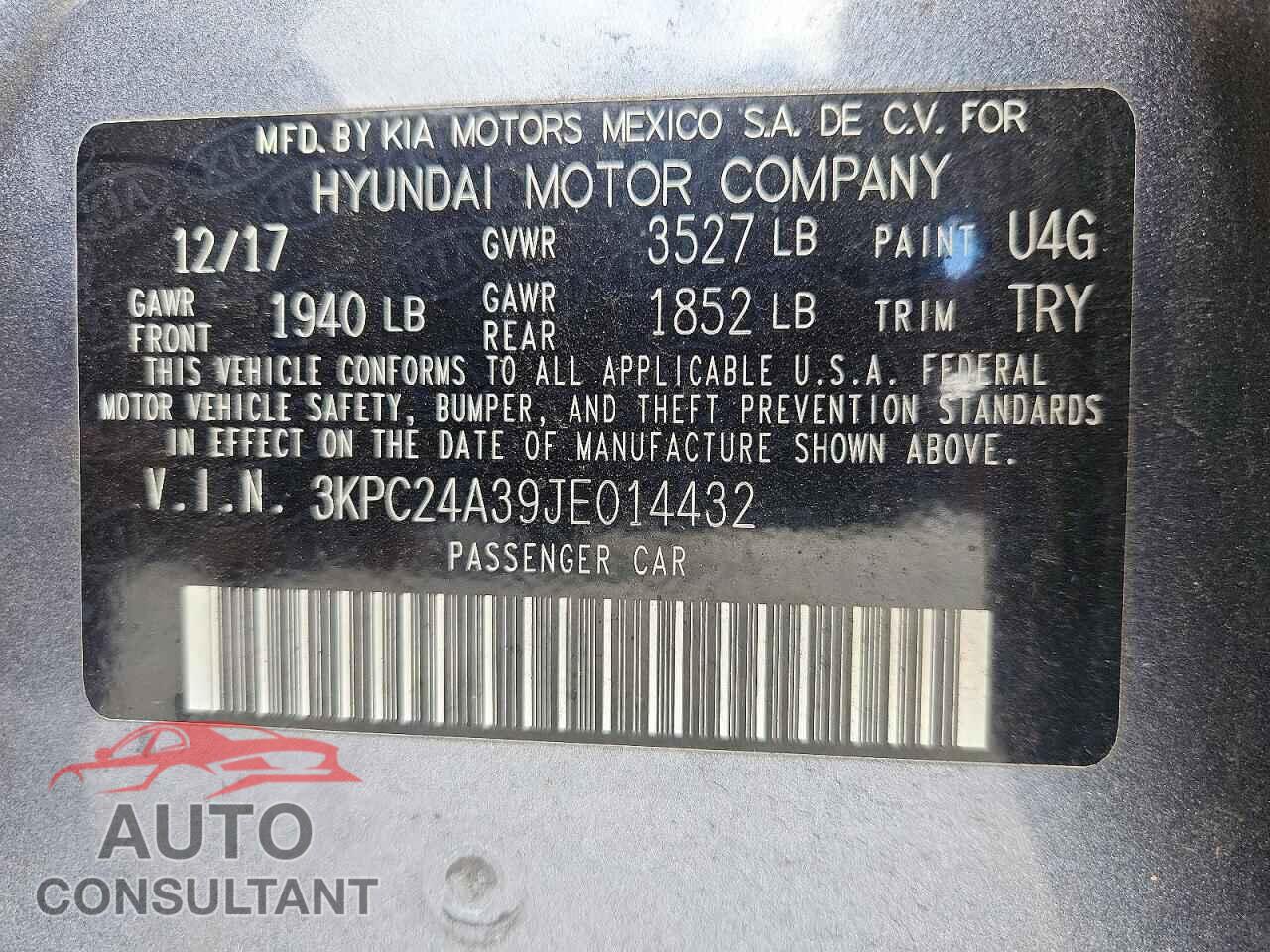 HYUNDAI ACCENT 2018 - 3KPC24A39JE014432