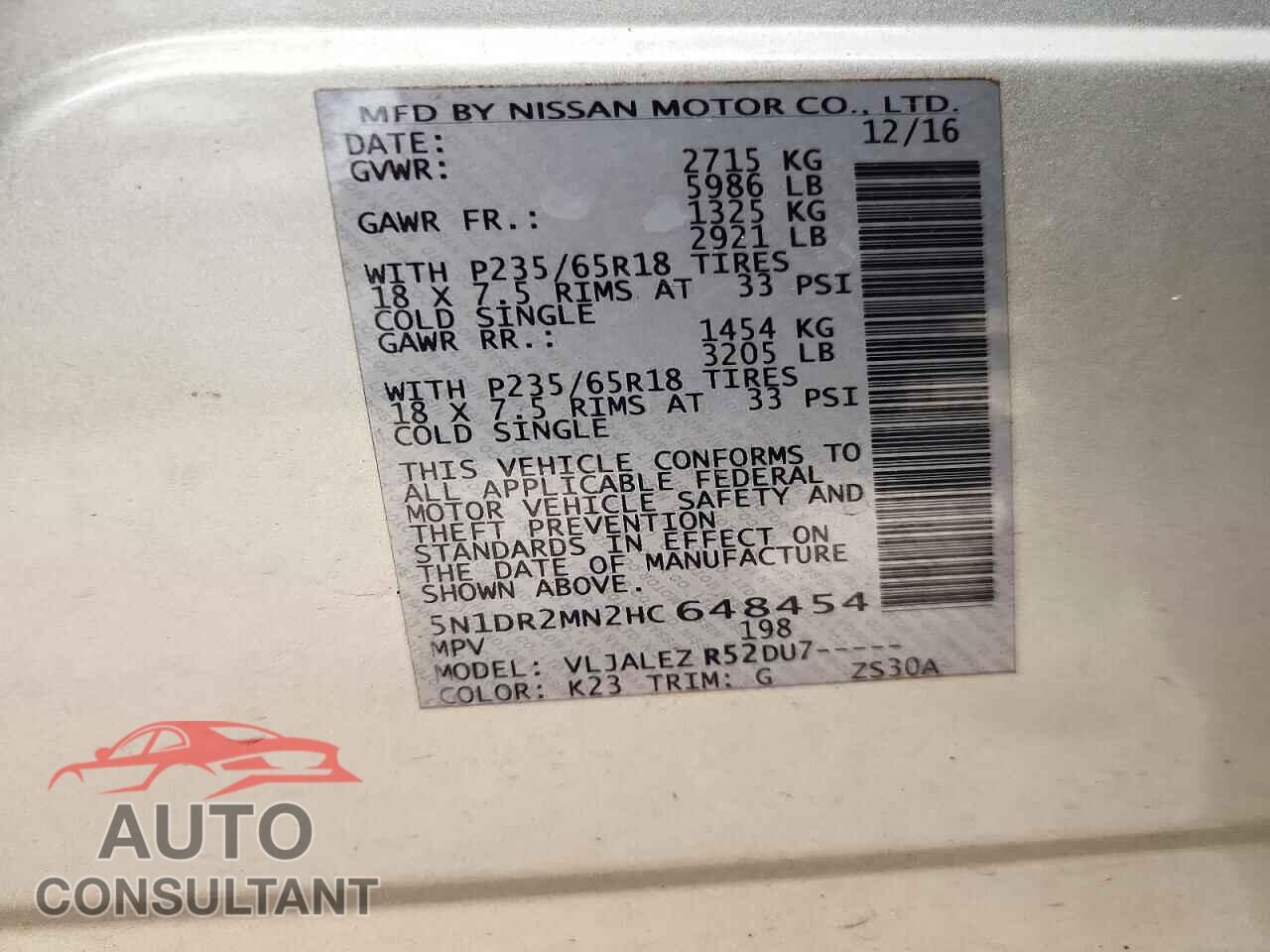 NISSAN PATHFINDER 2017 - 5N1DR2MN2HC648454