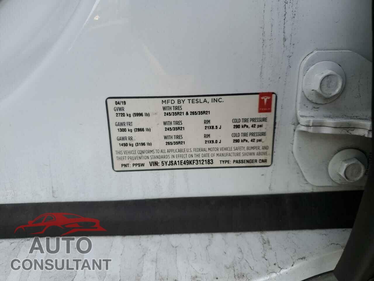 TESLA MODEL S 2019 - 5YJSA1E49KF312183