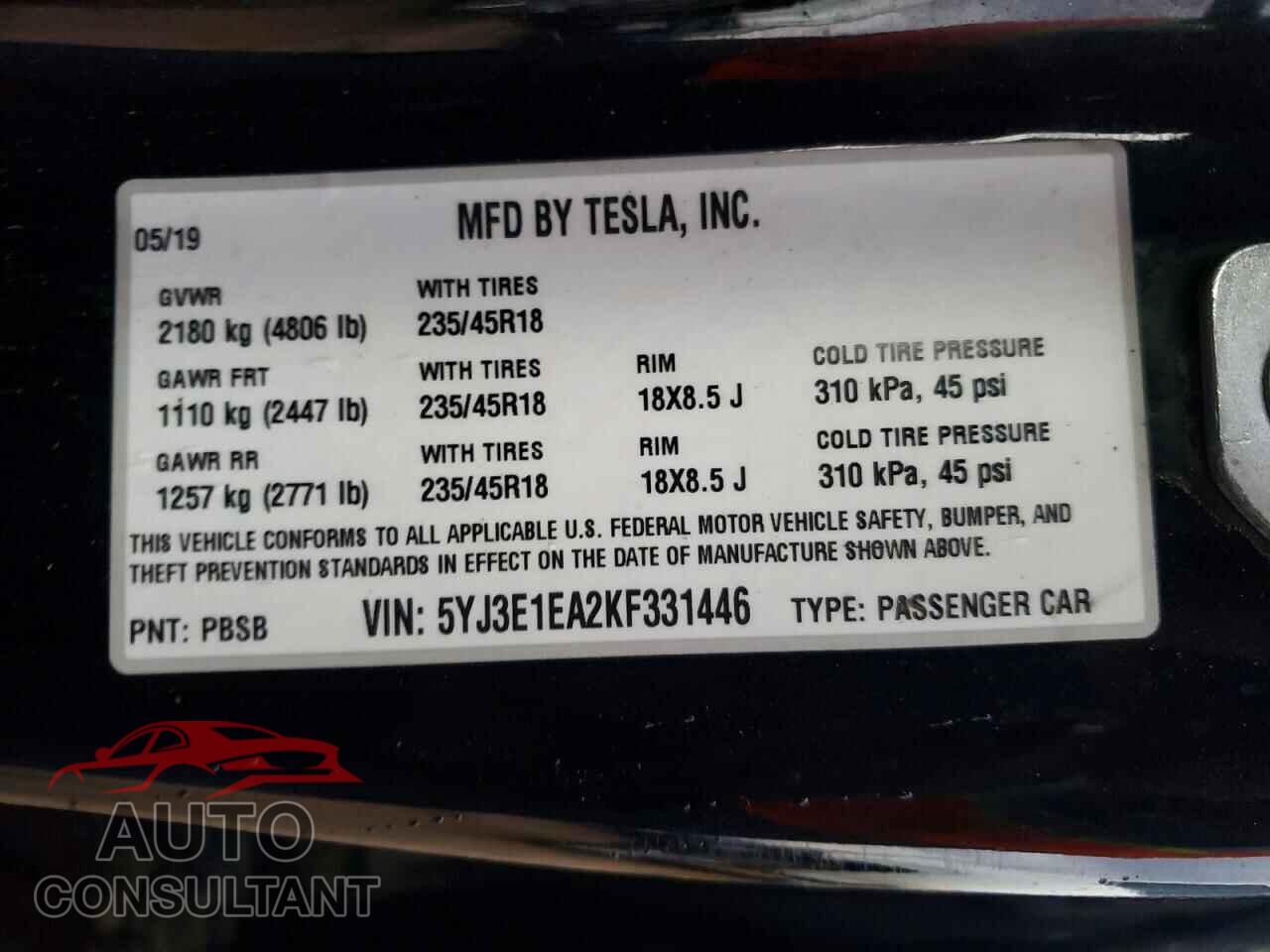 TESLA MODEL 3 2019 - 5YJ3E1EA2KF331446