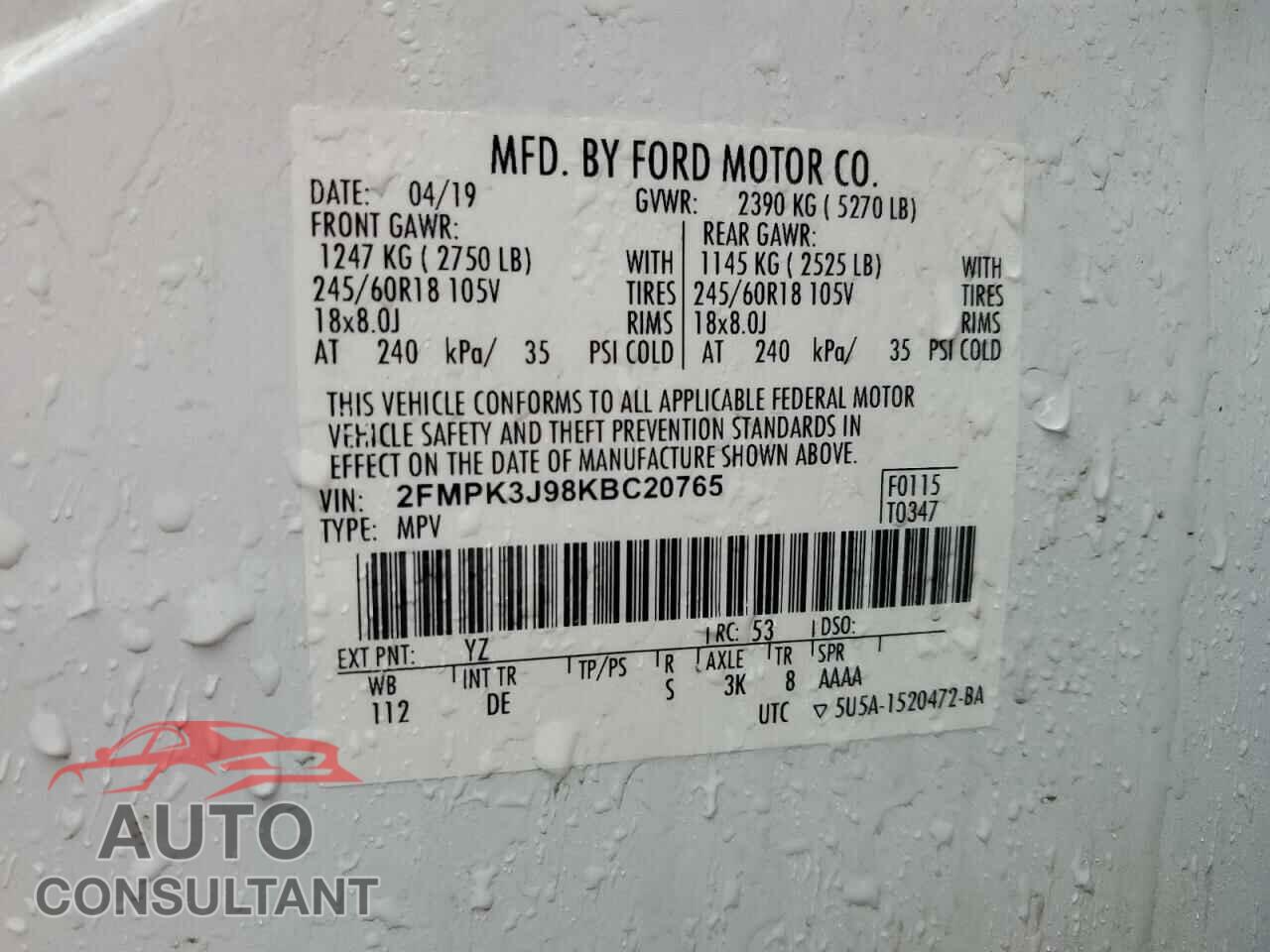FORD EDGE 2019 - 2FMPK3J98KBC20765