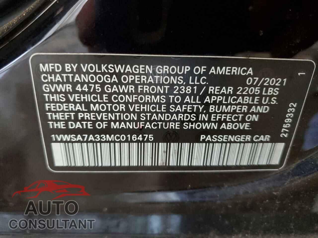 VOLKSWAGEN PASSAT 2021 - 1VWSA7A33MC016475