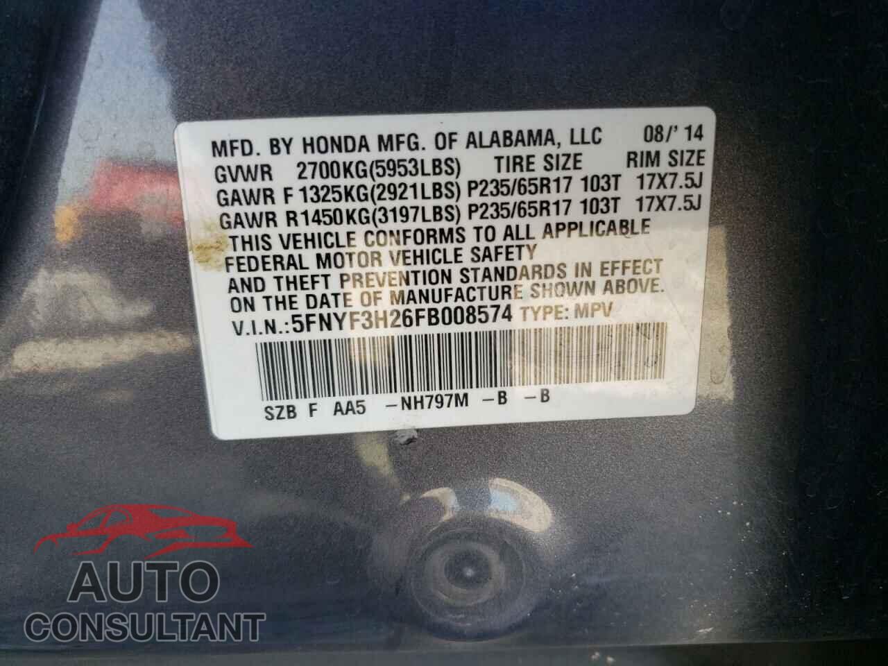 HONDA PILOT 2015 - 5FNYF3H26FB008574