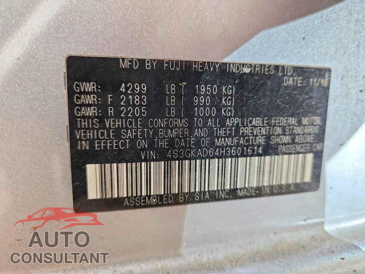 SUBARU IMPREZA 2017 - 4S3GKAD64H3601614