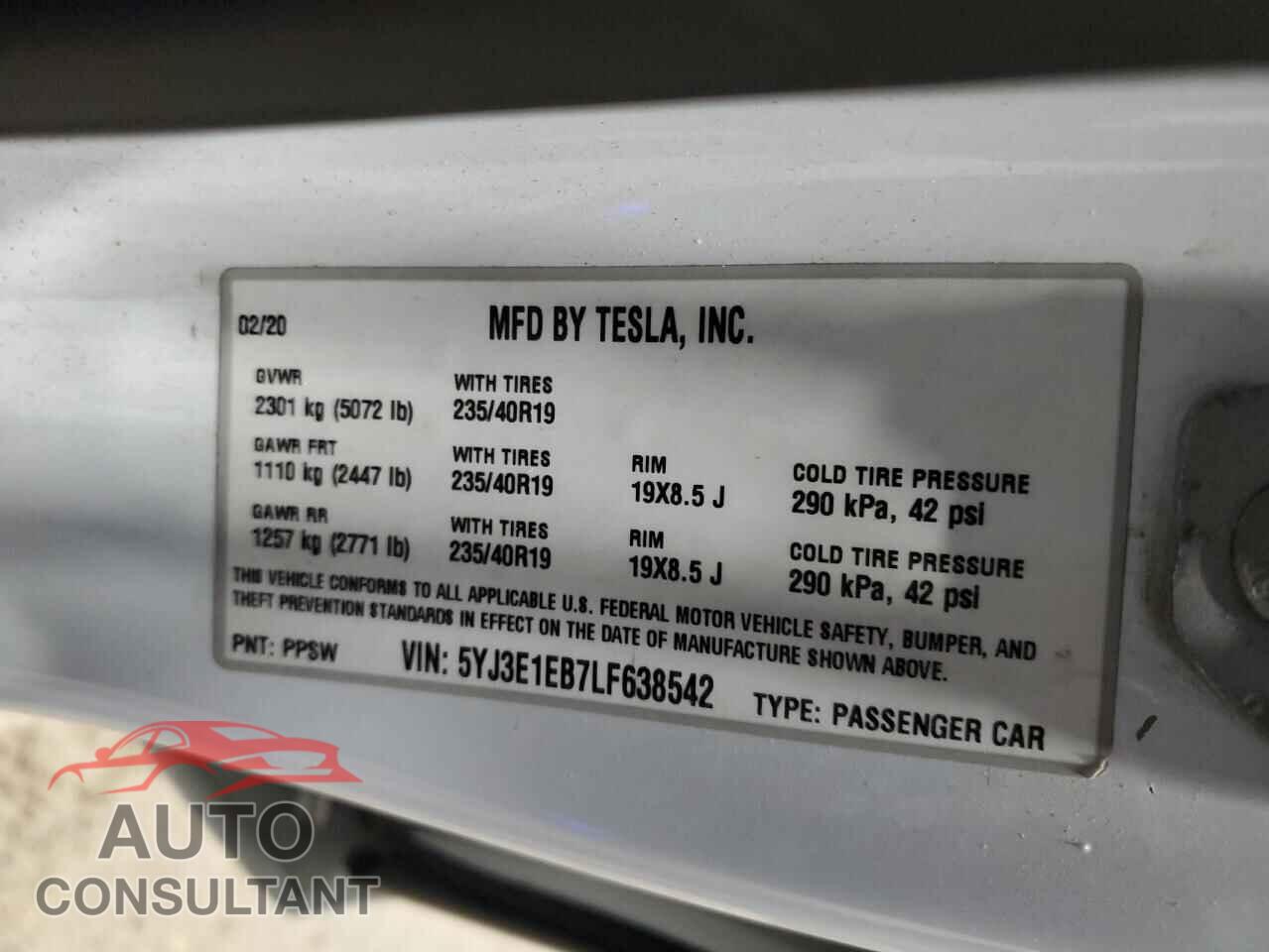TESLA MODEL 3 2020 - 5YJ3E1EB7LF638542