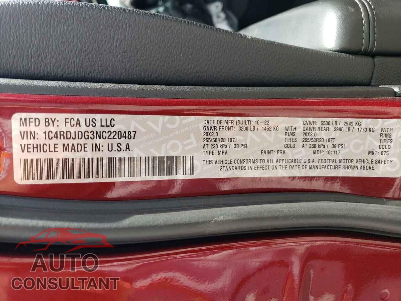 DODGE DURANGO 2022 - 1C4RDJDG3NC220487