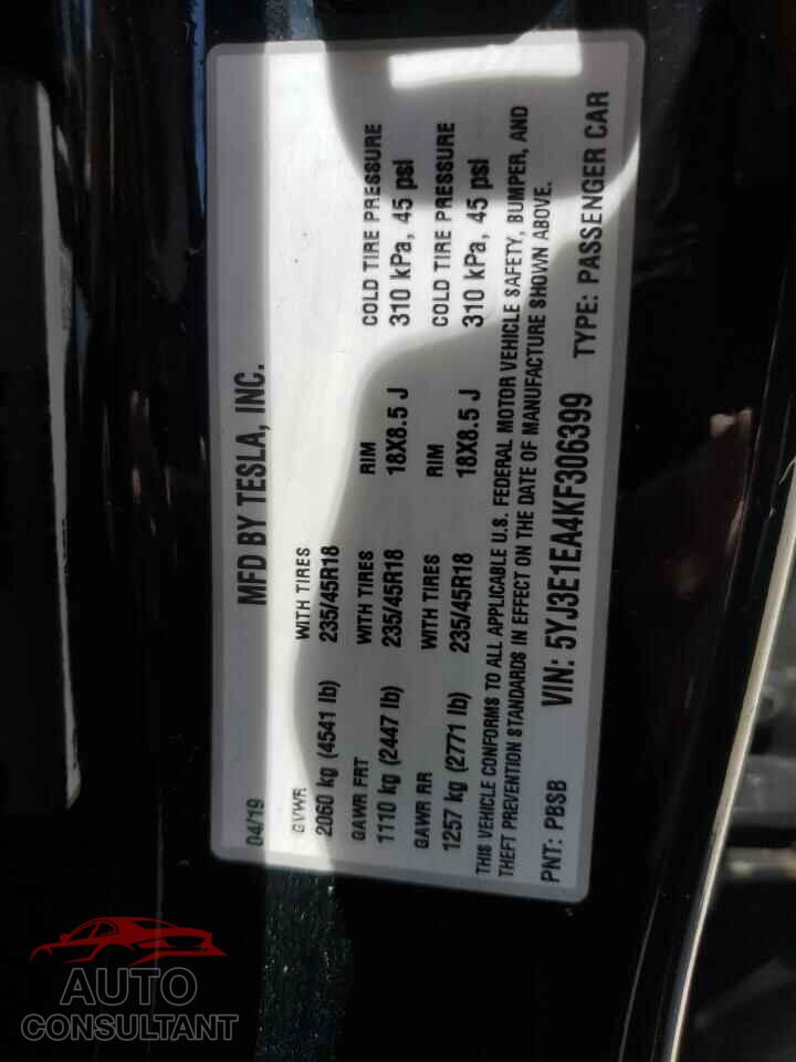 TESLA MODEL 3 2019 - 5YJ3E1EA4KF306399