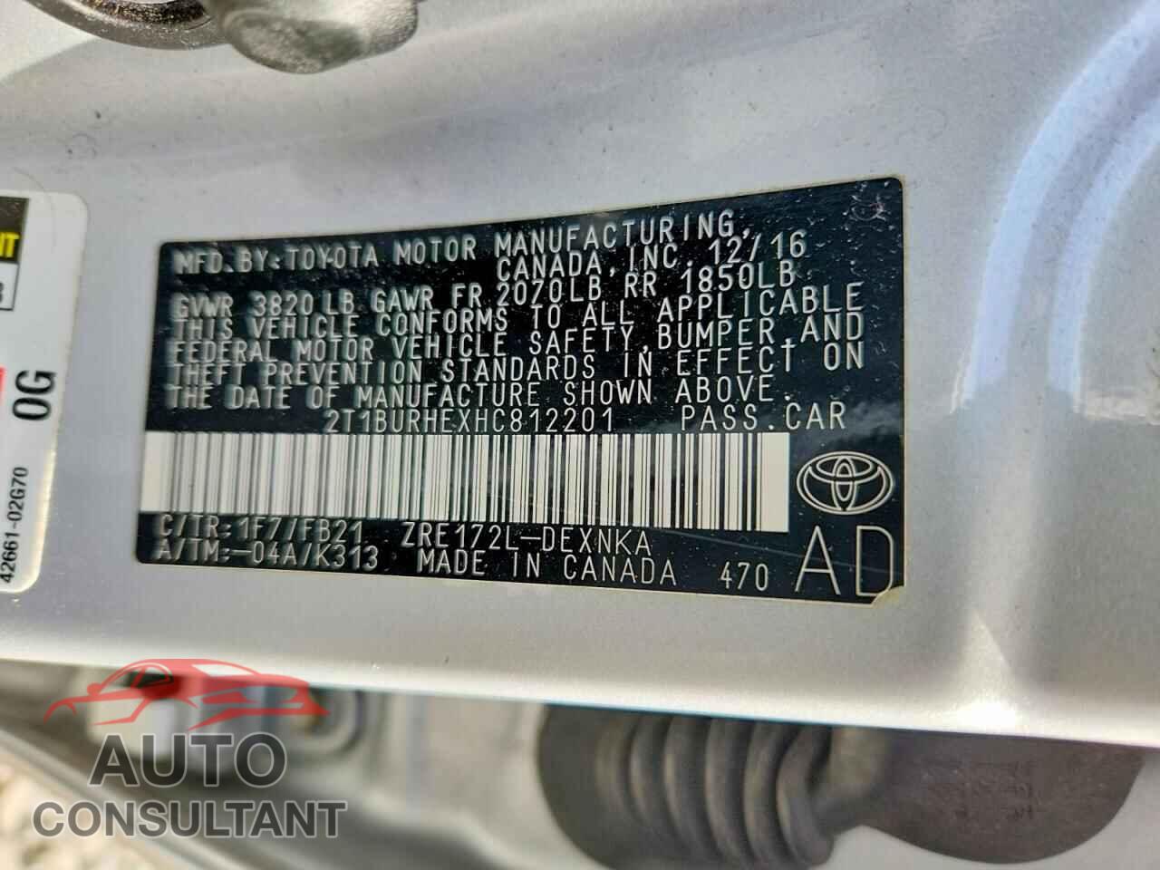 TOYOTA COROLLA 2017 - 2T1BURHEXHC812201