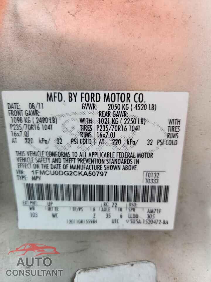 FORD ESCAPE 2012 - 1FMCU0DG2CKA50797