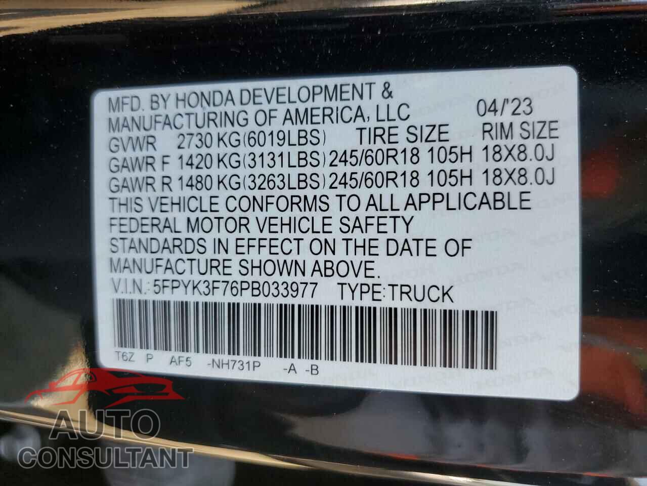 HONDA RIDGELINE 2023 - 5FPYK3F76PB033977