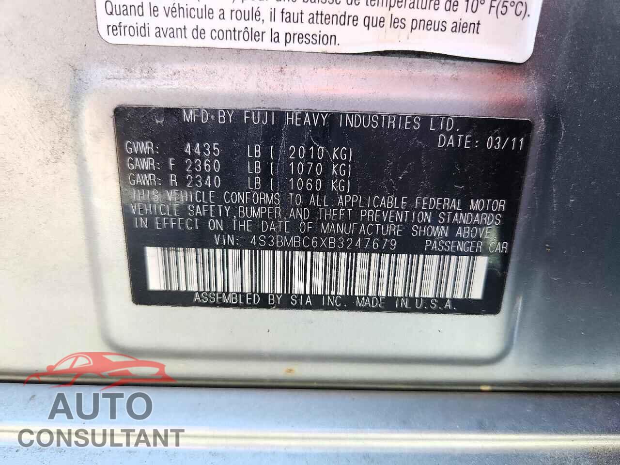 SUBARU LEGACY 2011 - 4S3BMBC6XB3247679