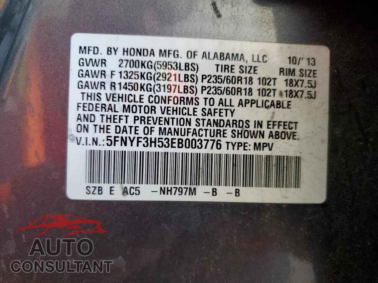 HONDA PILOT 2014 - 5FNYF3H53EB003776