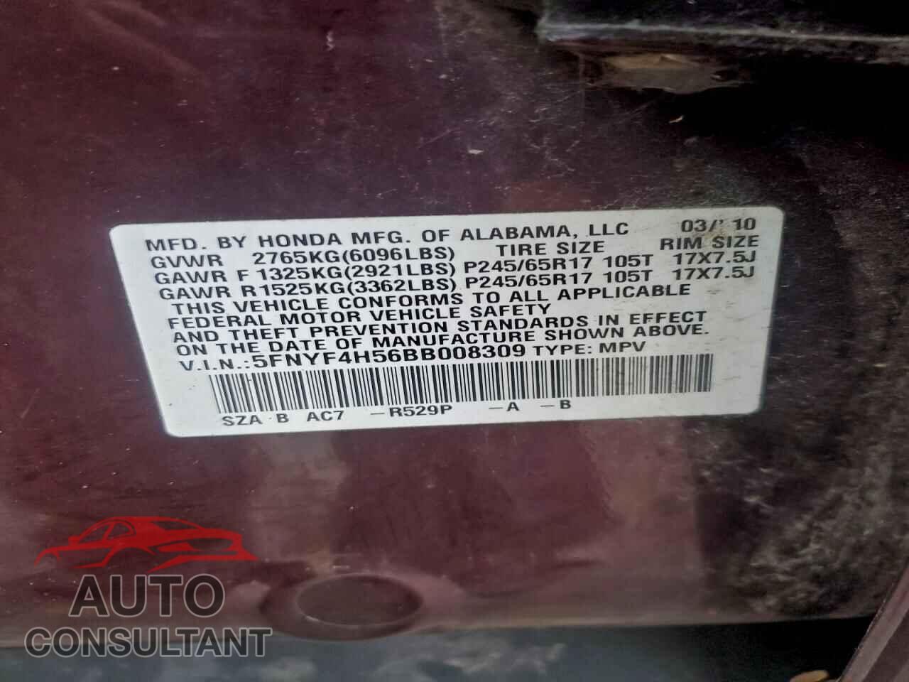 HONDA PILOT 2011 - 5FNYF4H56BB008309