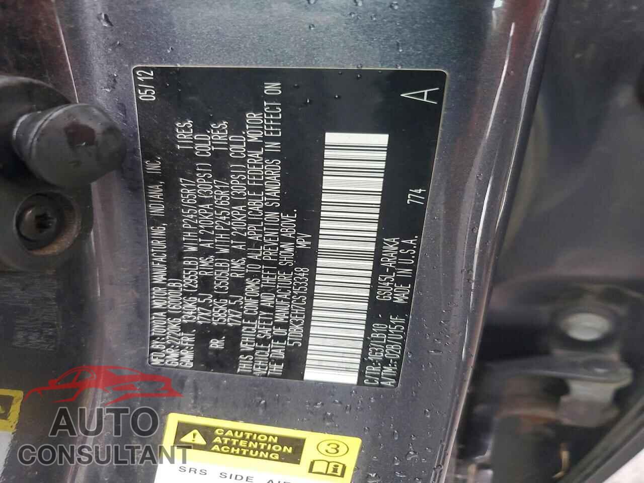 TOYOTA HIGHLANDER 2012 - 5TDBK3EH7CS153348