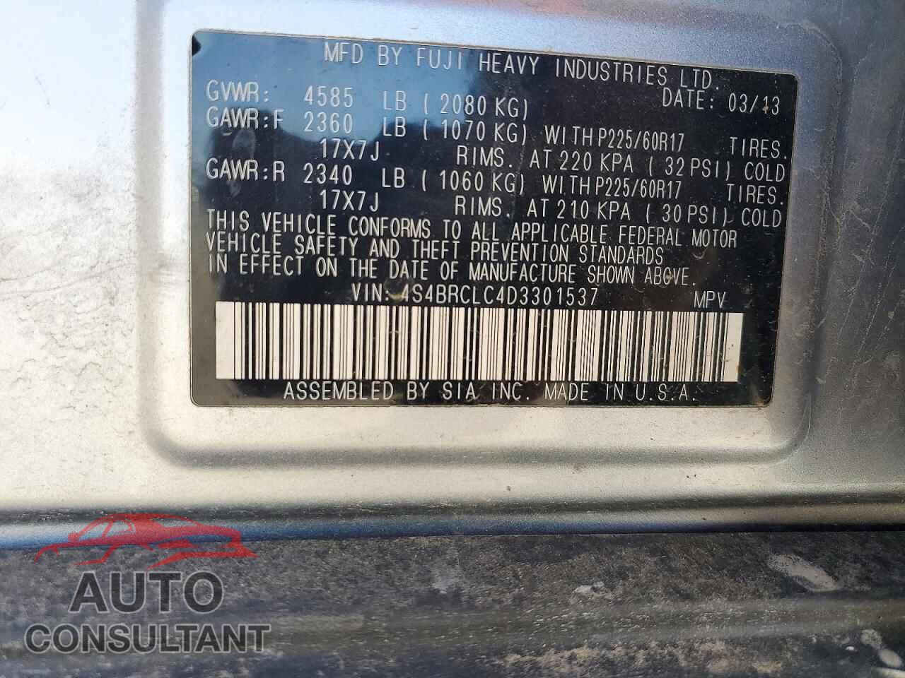 SUBARU OUTBACK 2013 - 4S4BRCLC4D3301537