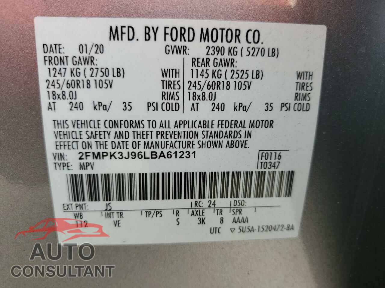 FORD EDGE 2020 - 2FMPK3J96LBA61231