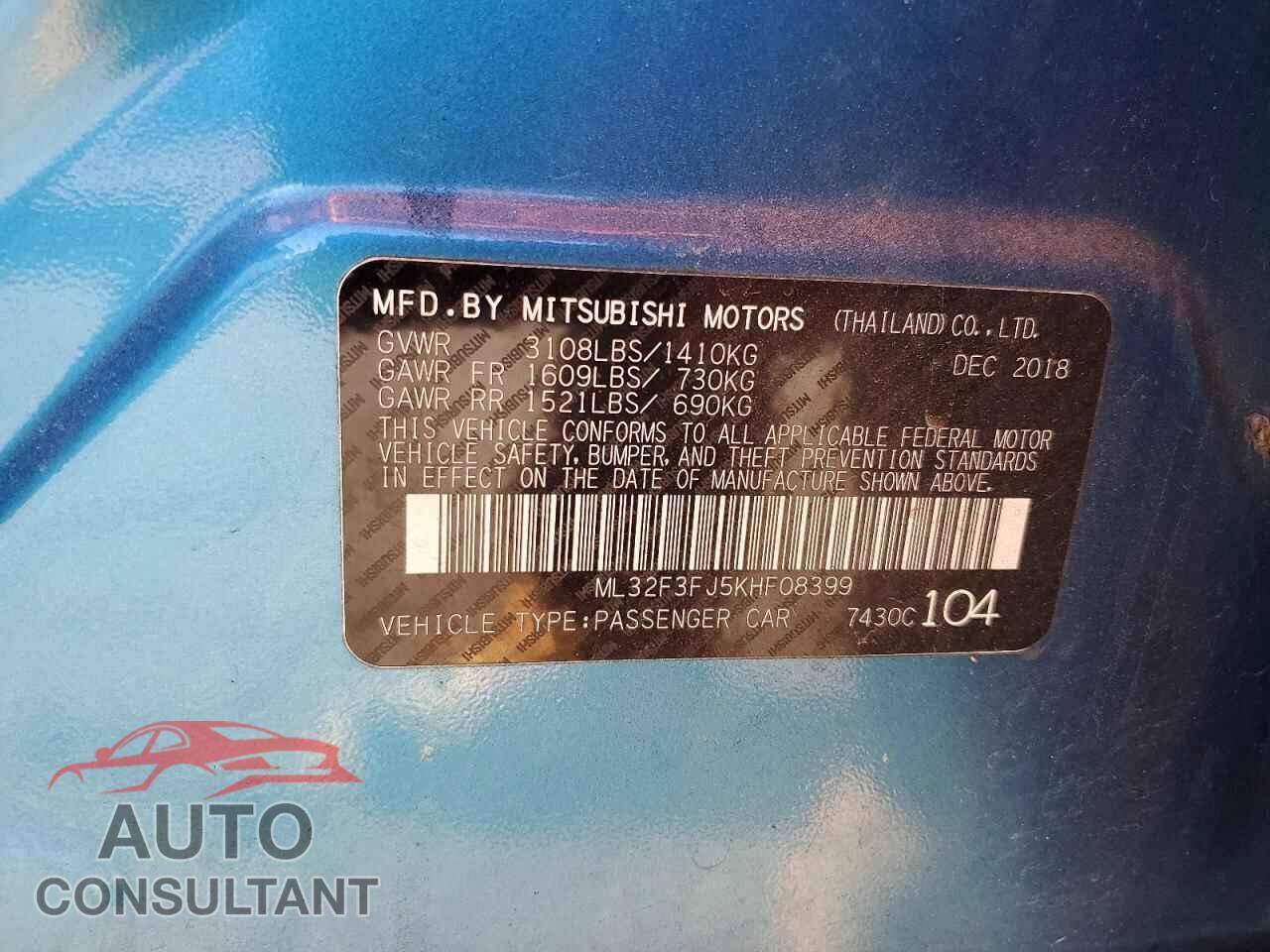 MITSUBISHI MIRAGE 2019 - ML32F3FJ5KHF08399