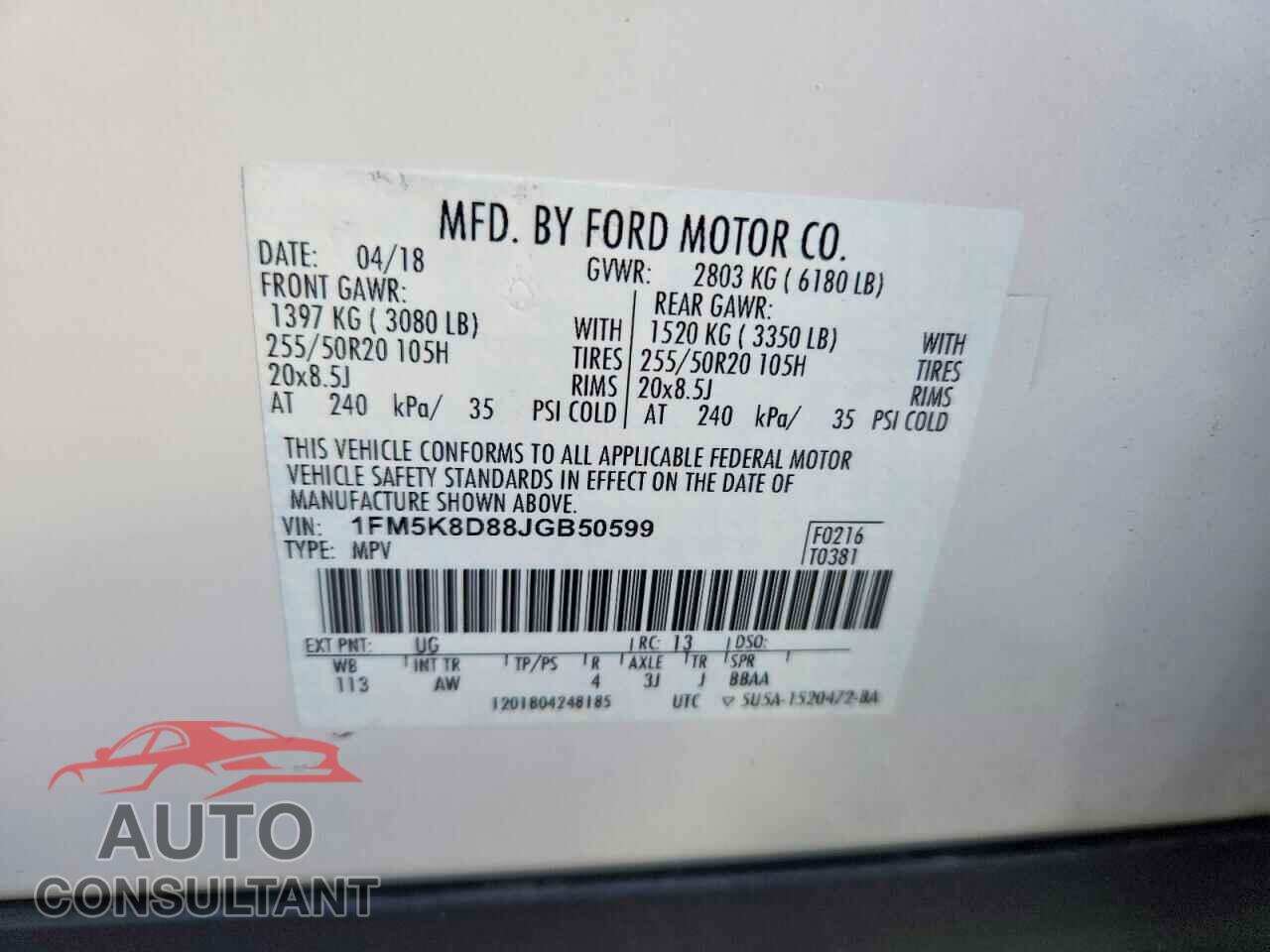 FORD EXPLORER 2018 - 1FM5K8D88JGB50599