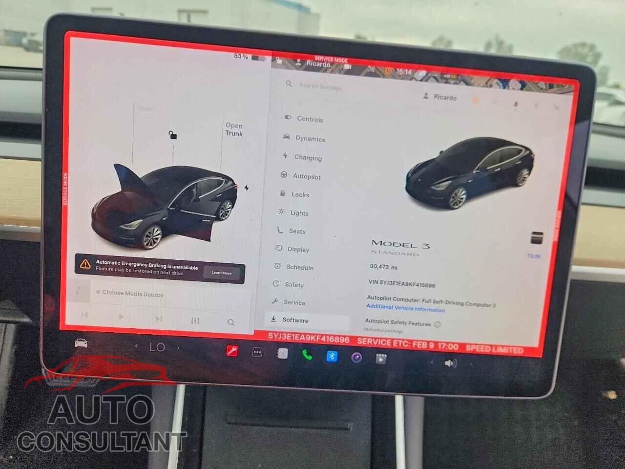 TESLA MODEL 3 2019 - 5YJ3E1EA9KF416896