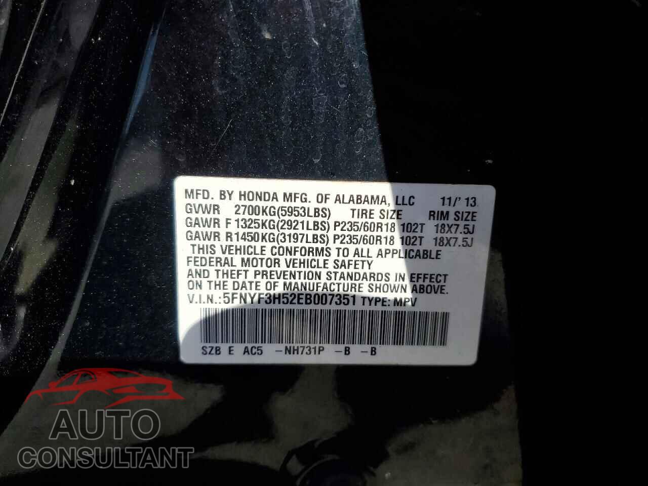HONDA PILOT 2014 - 5FNYF3H52EB007351