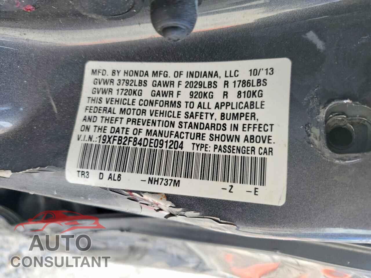 HONDA CIVIC 2013 - 19XFB2F84DE091204
