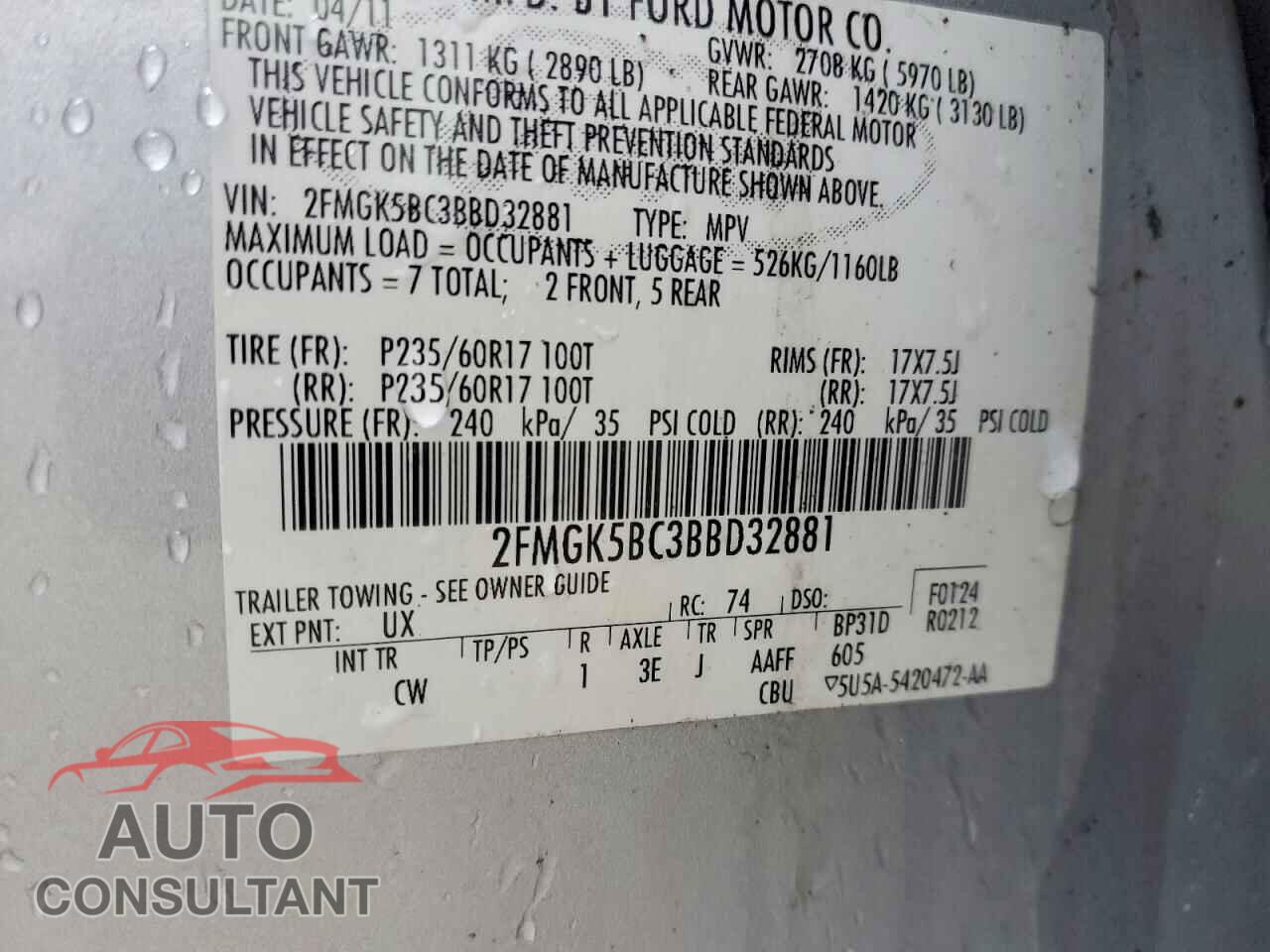 FORD FLEX 2011 - 2FMGK5BC3BBD32881