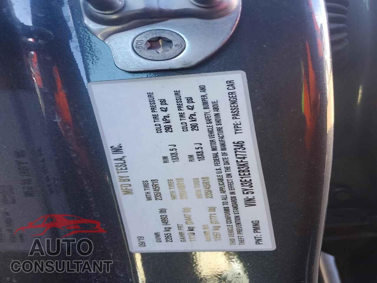 TESLA MODEL 3 2019 - 5YJ3E1EB3KF477346