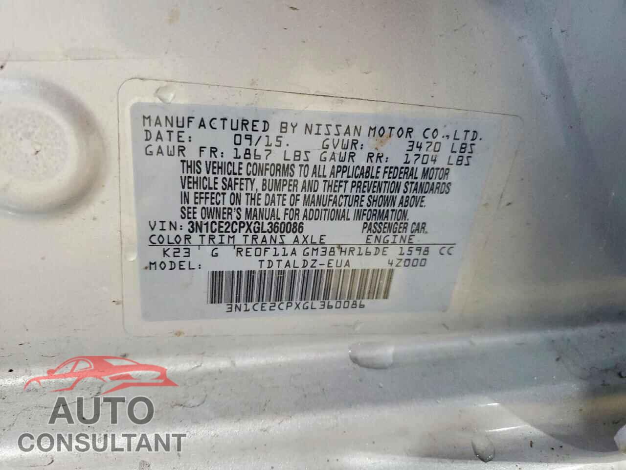 NISSAN VERSA NOTE 2016 - 3N1CE2CPXGL360086