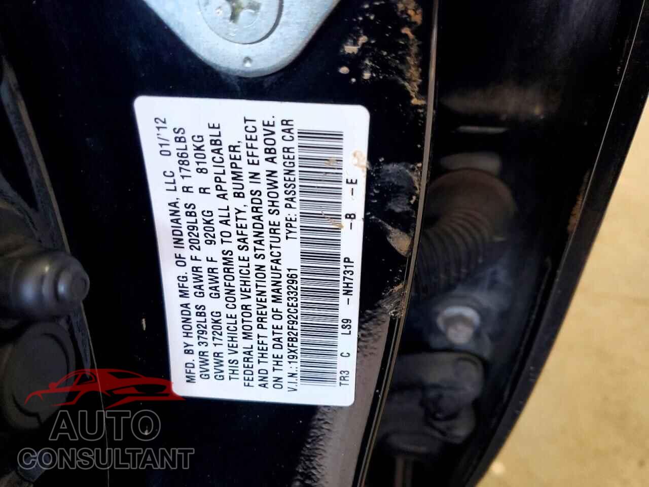 HONDA CIVIC 2012 - 19XFB2F92CE332961