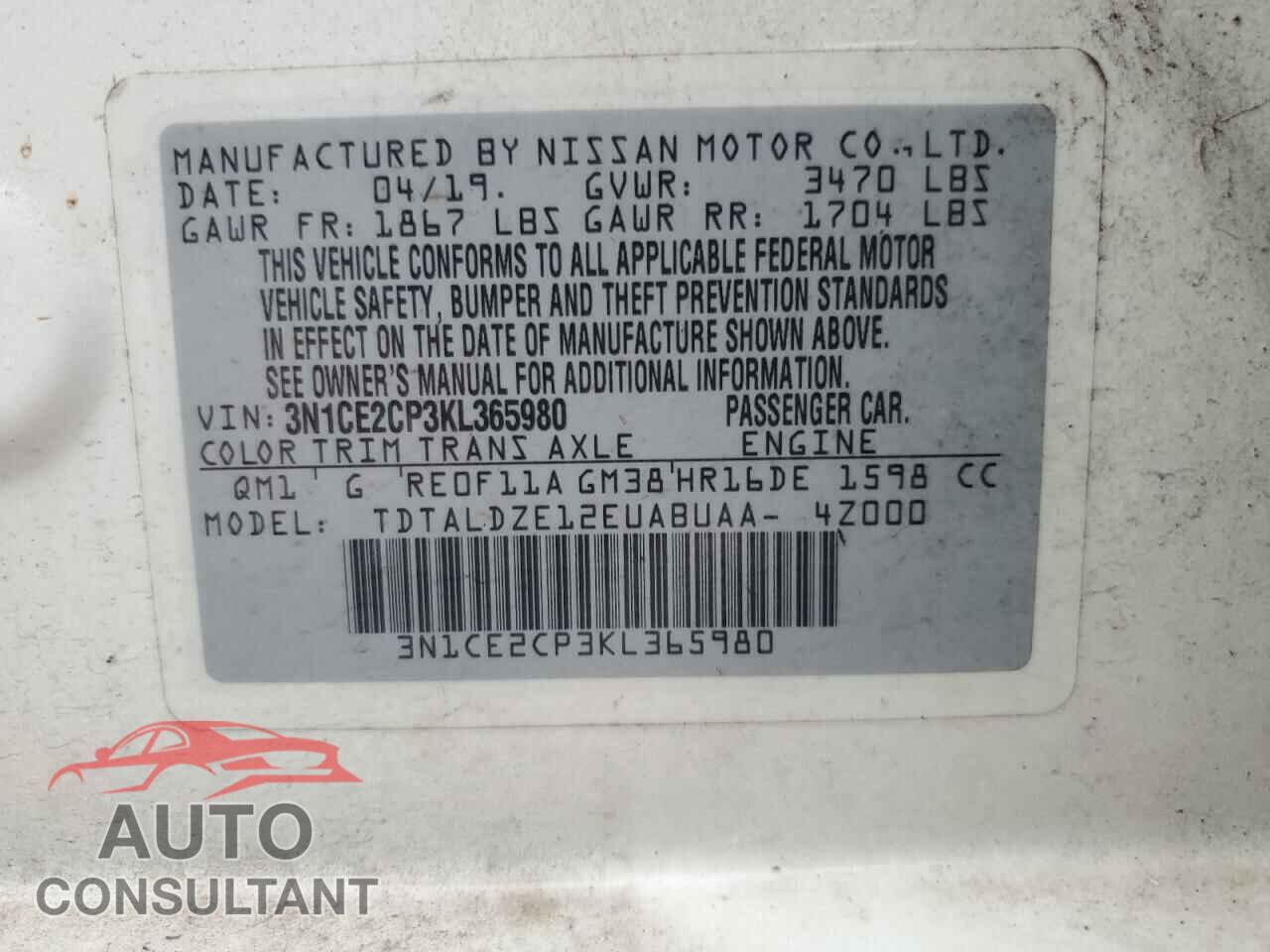 NISSAN VERSA 2019 - 3N1CE2CP3KL365980