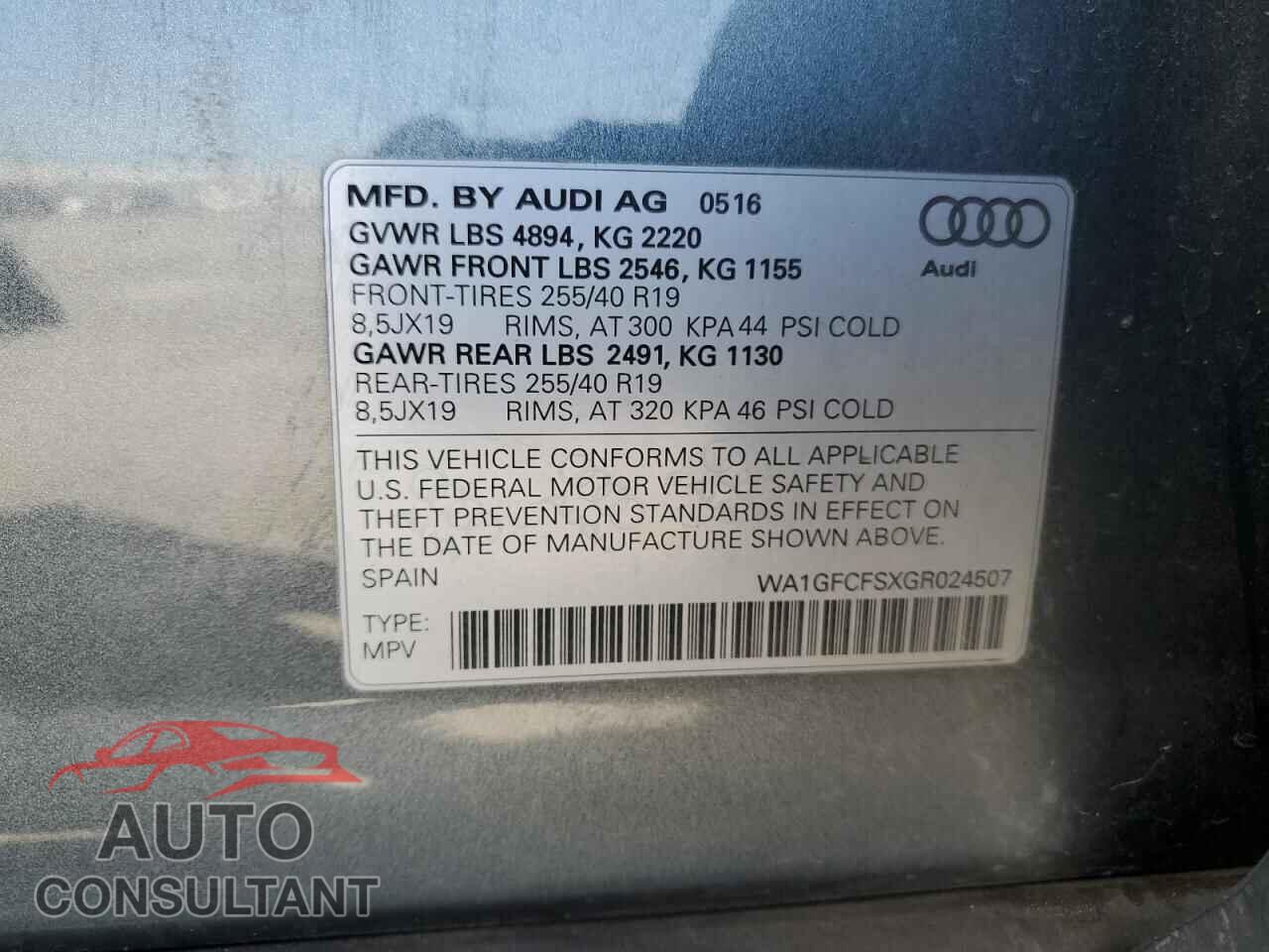 AUDI Q3 2016 - WA1GFCFSXGR024507