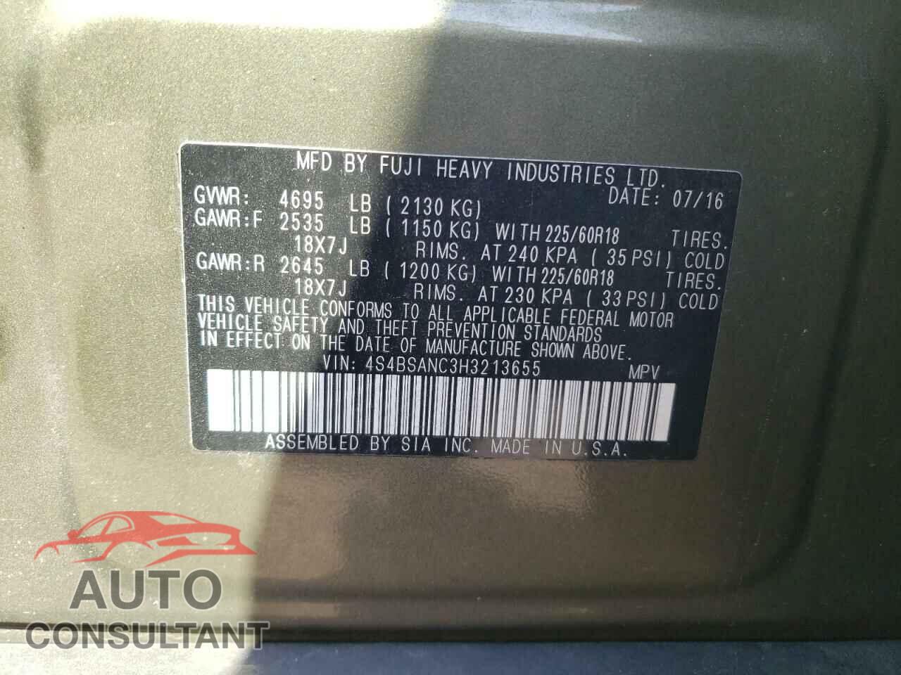 SUBARU OUTBACK 2017 - 4S4BSANC3H3213655