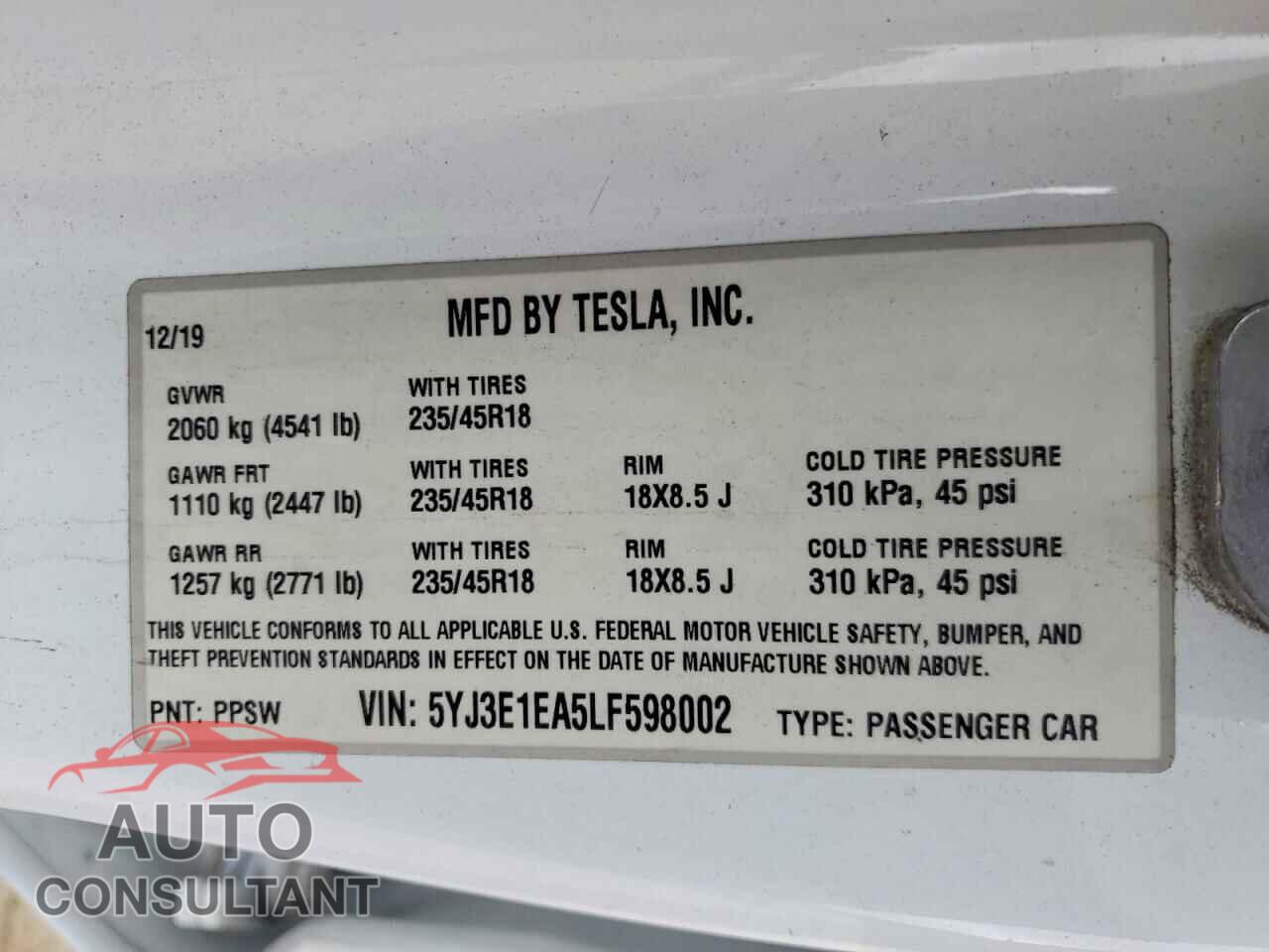 TESLA MODEL 3 2020 - 5YJ3E1EA5LF598002