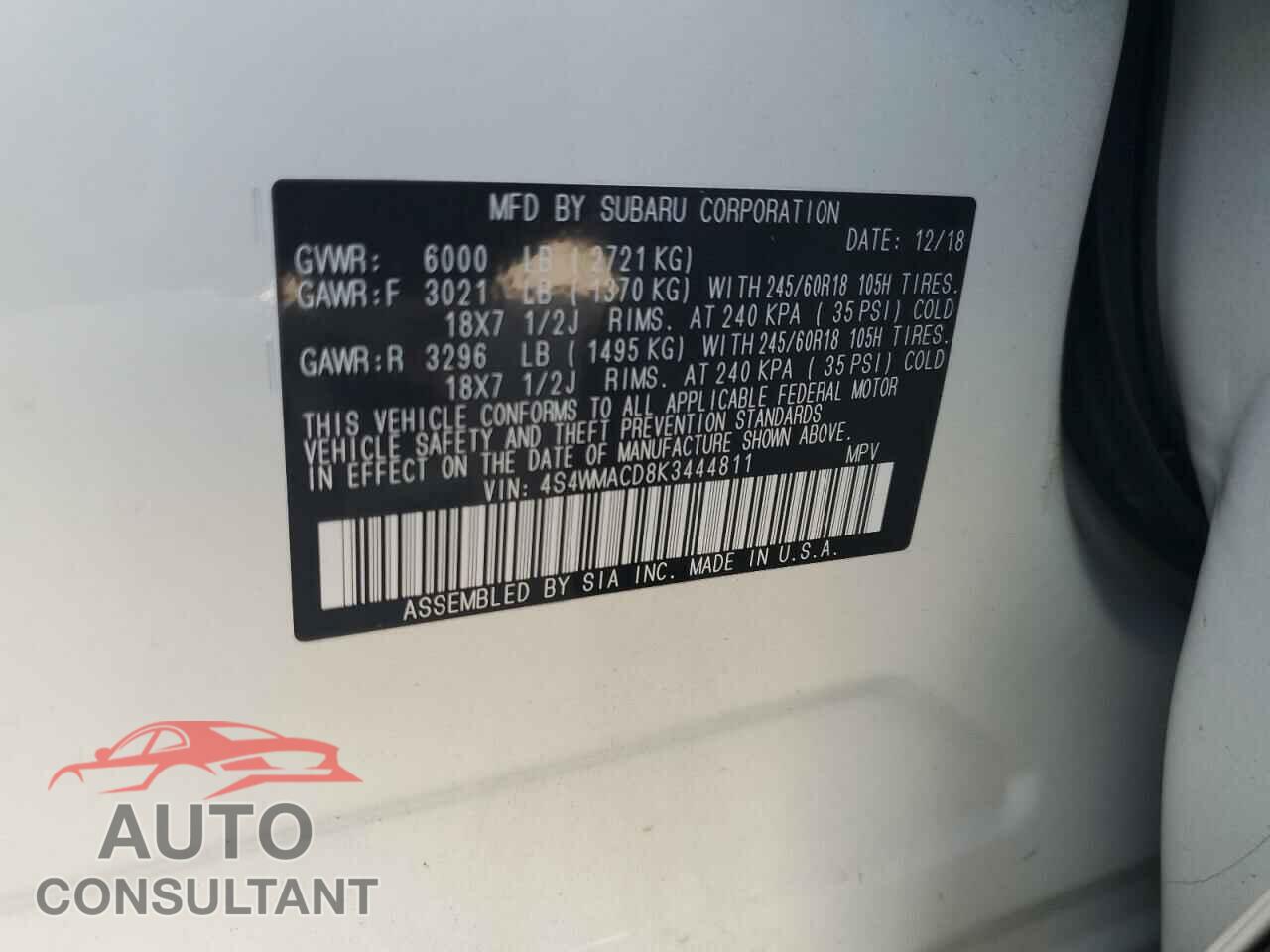 SUBARU ASCENT 2019 - 4S4WMACD8K3444811