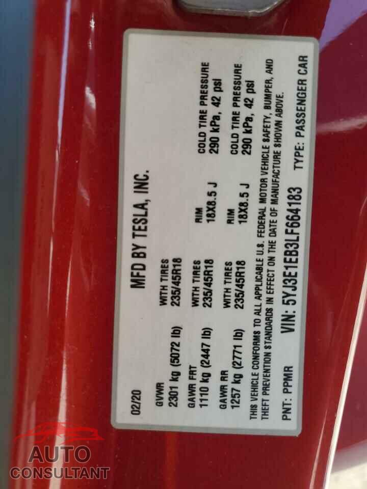 TESLA MODEL 3 2020 - 5YJ3E1EB3LF664183