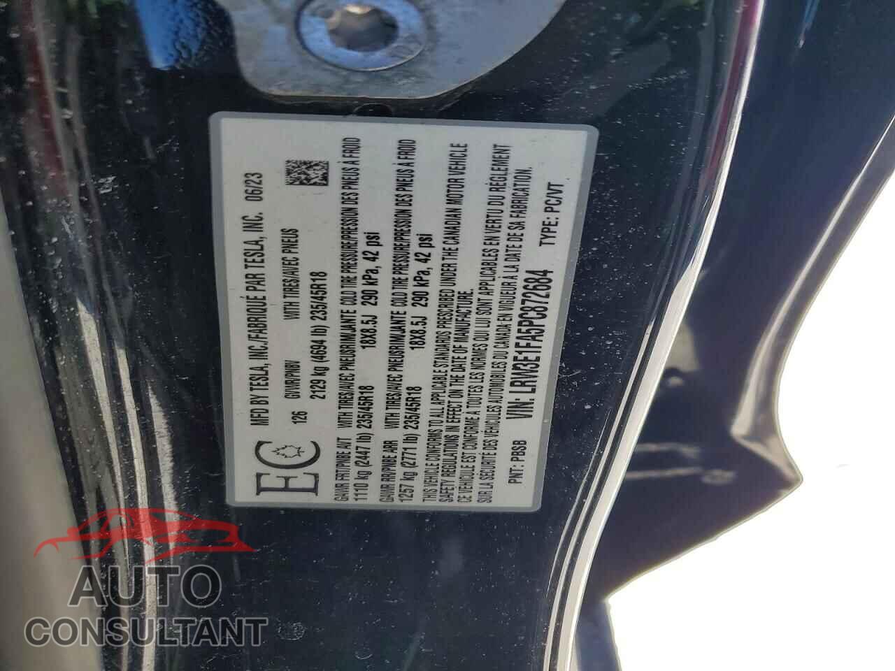 TESLA MODEL 3 2023 - LRW3E1FA5PC872684